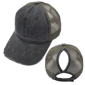 Close-up of charcoal washed cotton baseball cap with ponytail hole and mesh back