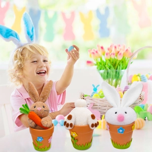 Three Easter bunny plush figurines in ceramic pots for festive home decoration