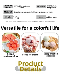 Technical specs for zinc alloy self-melting ice cream scoop in rose gold and gun black