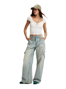 Women American Vintage High Waist Cargo Jeans Washed Cotton Denim Wide Leg Loose Straight Pants With Big Pockets