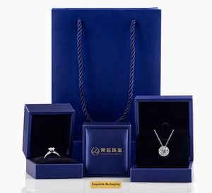 Close-up of S925 sterling silver jewelry set with elegant navy blue luxury packaging
