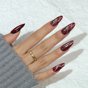 Press On Nails Wine Red Almond Shape Marble Texture Glitter 3D Gold Line Relief Fake Nails Elegant For Women