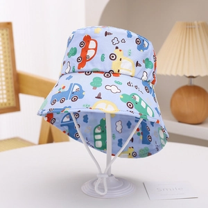 Detail of children's blue sun hat featuring colorful cartoon car prints and windproof cord