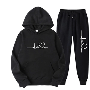 Completo Sportivo con Felpa con Cappuccio e Pantaloni Sportivi Stampa Cuore Battito Cardiaco Tuta in Pile Caldo Top And Bottom