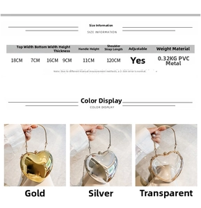 Detailed size information chart for heart-shaped acrylic bag with chain strap
