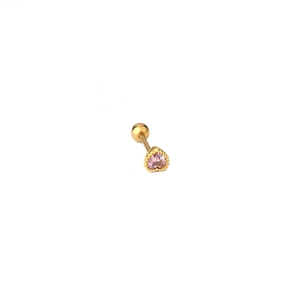Mini gold heart earring with pink zircon and screw ball back for cartilage piercing