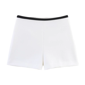 Women's white contrast hem shorts with minimalist high waist design in a-line cut
