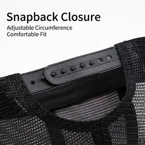Adjustable snapback closure on black mesh baseball cap with breathable fabric detail