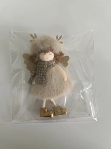 Detailed view of a plush Christmas angel ornament with golden reindeer antlers and wings