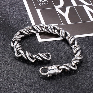 Men's vintage twisted rope chain bracelet in antique silver stainless steel with spring clasp