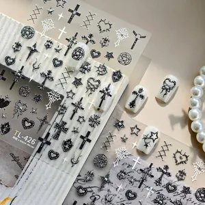 5D embossed Gothic nail art stickers featuring cross and star patterns on white background