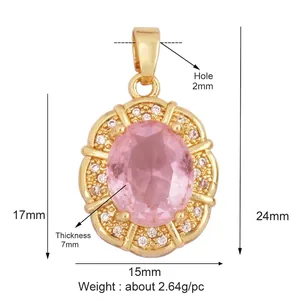 Detail view of 18k gold plated oval pendant with pink zircon and size measurements