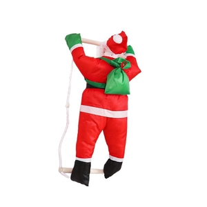 Christmas climbing Santa Claus doll with green gift bag on a rope ladder for decor