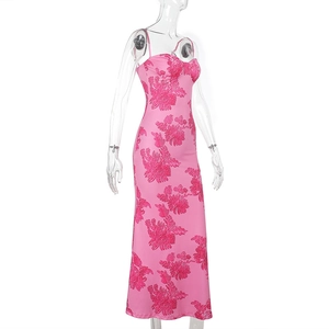 Detailansicht des pinken Blumenmusters und der Textur des figurbetonten Maxikleids
