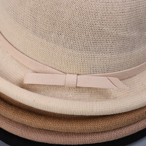 Vintage breathable knit cloche hat with ribbon bow detail in beige, brown and black