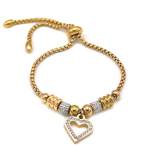 Golden heart pendant bracelet with white rhinestones and adjustable box chain