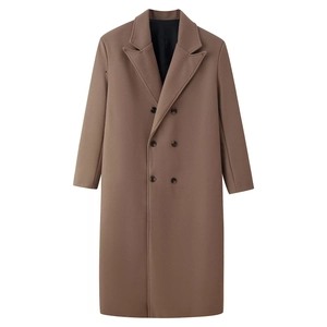 Flat lay of a long double-breasted wool coat in dark camel with notch lapels and black lining