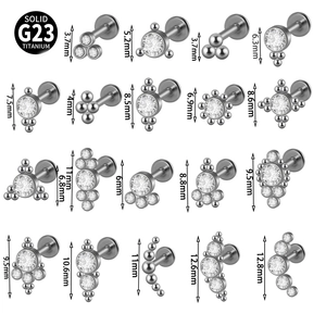 Solid G23 titanium labret studs in various sizes and shapes with opal and crystal