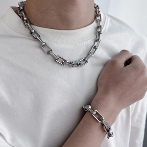 Titanium steel bamboo-link necklace and bracelet set with rhinestones for hip-hop style