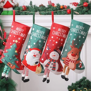 Christmas Stockings Set With Dangling Legs Cartoon Santa Claus Snowman Reindeer Tree Printed Cloth Holiday Decorations