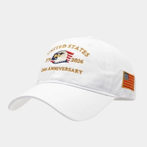 Detailed side view of white baseball cap with 250th anniversary eagle embroidery