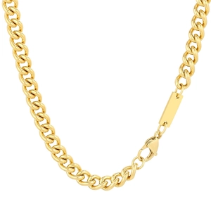Classic gold Cuban link chain necklace for men with a polished rectangular tag pendant
