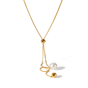 Golden Y-shaped snake chain necklace with adjustable sliding bead and pearl pendant