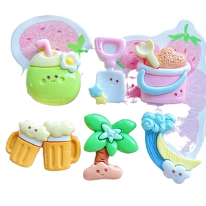 6Pcs summer beach resin charms including coconut drink, bucket, and palm tree for DIY