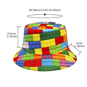 Colorful brick pattern reversible bucket hat for women with detailed size measurements