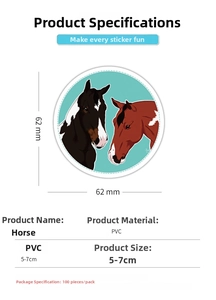 Detail showing 62mm diameter PVC waterproof horse sticker with dimensions and specifications