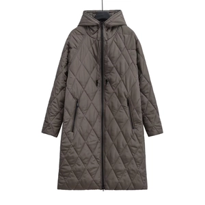 Women's long quilted hooded coat in dark grey with diamond stitching and front zipper