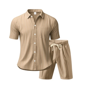 Detail of light khaki linen shirt set featuring white stripes and breathable texture
