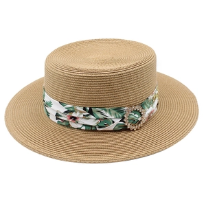 Chapeau de paille canotier avec ruban floral tropical et boucle en cristal brillant