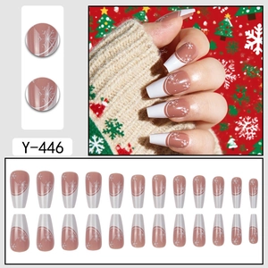 Christmas press-on nails set with pink snowflake design and French coffin shape nails