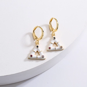 18K gold plated triangle drop earrings with white enamel and colorful gemstones