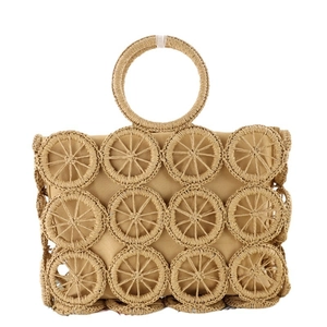 Fashionable woven hollow round paper rope handbag with integrated circular handles for summer