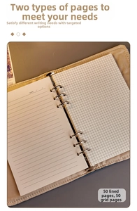 Detail of A5 denim notebook featuring 50 lined and 50 grid pages with metal rings