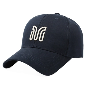 Classic navy blue baseball cap with white 3D embroidery on a curved brim hat