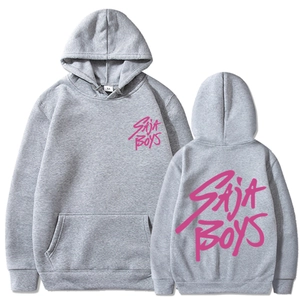 Sweat à capuche gris Saja Boys pour hommes et femmes avec imprimés roses sur les deux faces