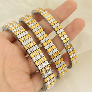 Three-piece set of two-tone stretch bracelets with rhinestones in titanium steel