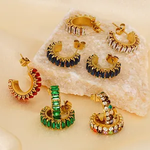 C-Shaped Hoop Earrings For Women 18K Gold Plated Stainless Steel With Rectangular Zircon Geometric Retro Fashion Jewelry