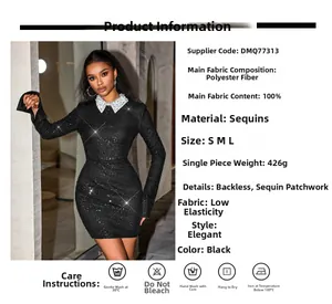 Detailed chart showing black sequin backless dress fabric specs and size info