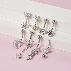 Set of 8 silver stainless steel belly rings with butterfly heart and flower designs