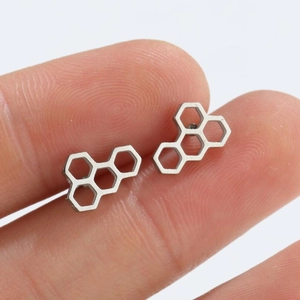 Minimalist stainless steel hollow hexagon honeycomb stud earrings with a silver finish
