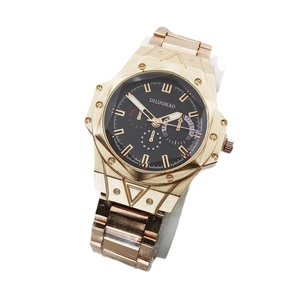 Men's rose gold luxury quartz watch with octagonal bezel and black chronograph dial
