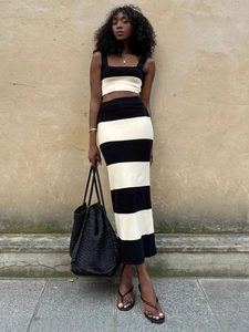 Women Striped Knitted Sleeveless Square Neck Top And Slim Fit Long Skirt Elegant Summer Vacation Outfit Fashion Stripe Pattern