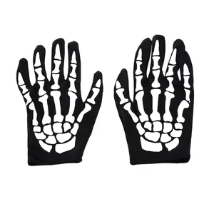Halloween skeleton print gloves in black elastic fabric for horror themed costumes