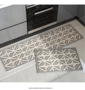 Detailed view of non-slip absorbent kitchen mats with grey geometric triangle patterns