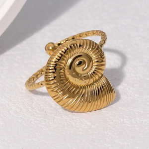Adjustable 18k gold plated stainless steel nautilus shell ring with twisted rope band