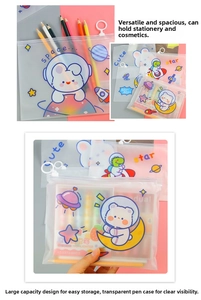 Close-up of frosted transparent astronaut pencil case with durable zipper and hanging loop